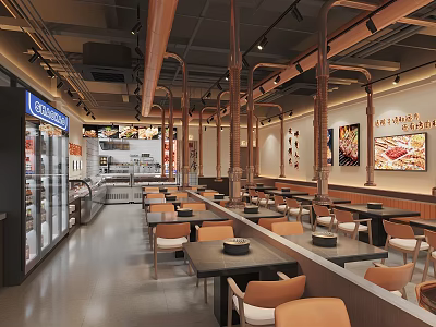 Modern Industrial Hotpot Restaurant Interior With Wooden Dining Tables And Decorative Copper Pipes 3d model