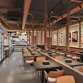 Modern Industrial Hotpot Restaurant Interior With Wooden Dining Tables And Decorative Copper Pipes