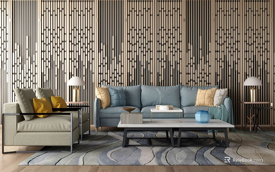 Modern Sofa and Coffee Table Set With Colorful Pillows Striped Wall and Patterned Rug 3d model