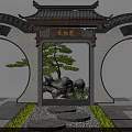Traditional Chinese Garden Wall With Circular Moon Gate Tiled Roof Pine Tree And Rockery Stones
