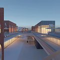 Commercial Street Night View With Red Brick Archways Glass Walkway And Landscaped Square