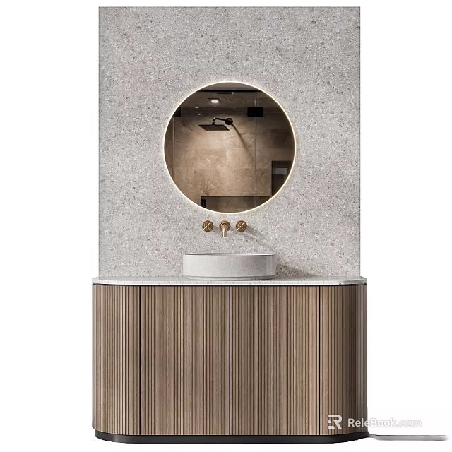 Modern Bathroom Vanity With Round Mirror Stone Wall Wooden Cabinet And Golden Faucet 3d model 