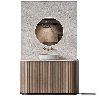 Modern Bathroom Vanity With Round Mirror Stone Wall Wooden Cabinet And Golden Faucet 3d model