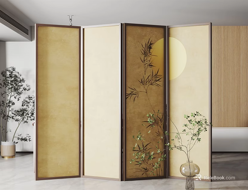 Oriental Room Divider with Bamboo and Moon Design in Modern Living Space 3d model 