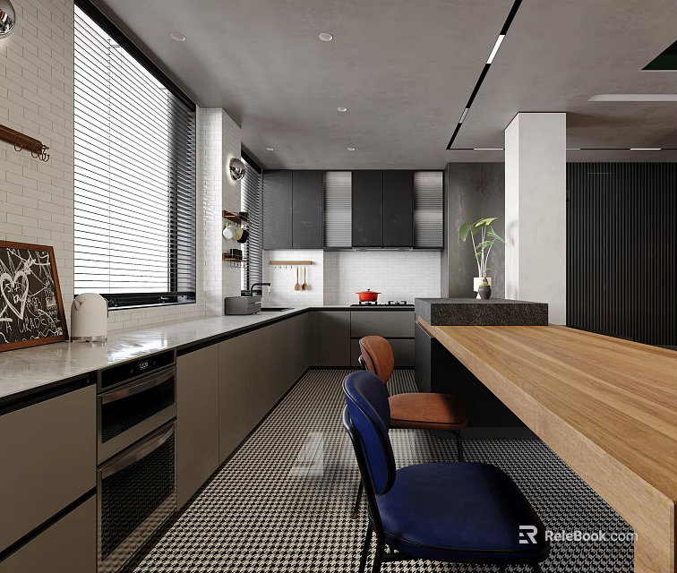 Modern Kitchen Interior With Dark Gray Cabinets Wooden Island Checkered Floor Blinds And Chairs 3d model 