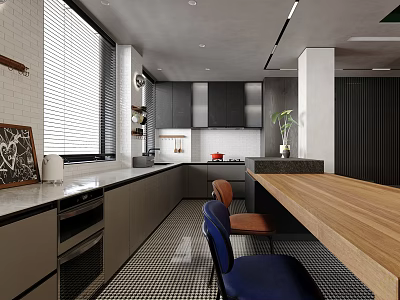 Modern Kitchen Interior With Dark Gray Cabinets Wooden Island Checkered Floor Blinds And Chairs 3d model