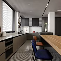 Modern Kitchen Interior With Dark Gray Cabinets Wooden Island Checkered Floor Blinds And Chairs