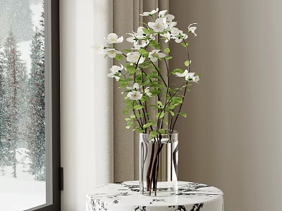 Transparent Vase With White Flowers Green Leaves On Round Table By Window With Snowy View 3d model