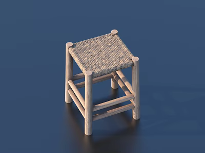 Wooden Stool With Woven Seat And Simple Structure On Blue Background 3d model