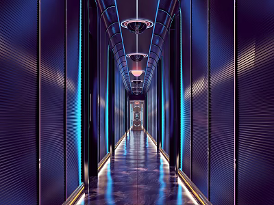 Modern Bar Corridor With Blue Purple Lighting Metallic Walls Reflective Floor And Ceiling Lights 3d model