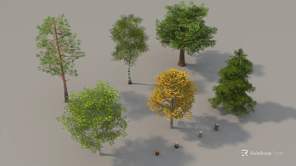 Various Types of Arbor Trees with Green and Yellow Foliage in Natural Scene 3d model 