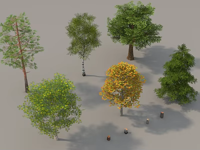 Various Types of Arbor Trees with Green and Yellow Foliage in Natural Scene 3d model