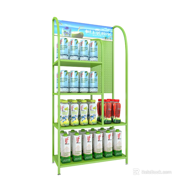 Green Display Rack With Multiple Shelves Neatly Holding Various Beverage Cans 3d model