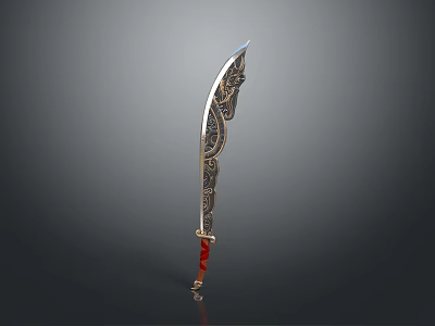 Ornate Curved Sword With Decorative Metal Carvings Red Handle And Traditional Design 3d model