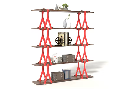 Modern Multi Tier Storage Shelf With Brown Shelves Red Supports And Decorative Boxes 3d model