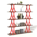 Modern Multi Tier Storage Shelf With Brown Shelves Red Supports And Decorative Boxes