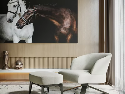 Light Beige Accent Chair With Ottoman In Modern Elegant Interior Horse Painting Backdrop 3d model