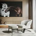 Light Beige Accent Chair With Ottoman In Modern Elegant Interior Horse Painting Backdrop
