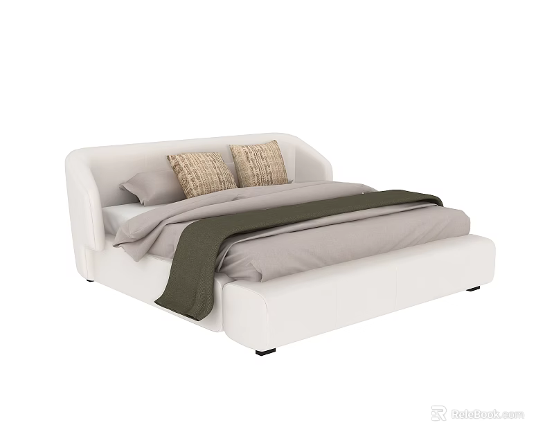 White Upholstered Double Bed with Gray Bedding Two Brown Pillows and Dark Green Throw Blanket 3d model 