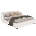 White Upholstered Double Bed with Gray Bedding Two Brown Pillows and Dark Green Throw Blanket