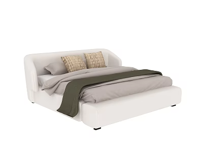 White Upholstered Double Bed with Gray Bedding Two Brown Pillows and Dark Green Throw Blanket 3d model
