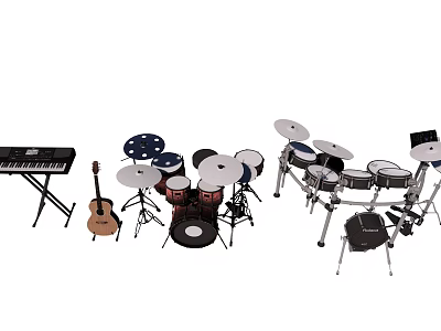Various Musical Instruments Including Drum Set Keyboard And Acoustic Guitar 3d model