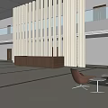 Modern Lobby Reception Desk Design With Wooden Slat Columns And Seating Area
