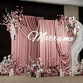 Marry Me Proposal Setup With Pink Curtain Floral Arrangements And Decorative Elements 3d model