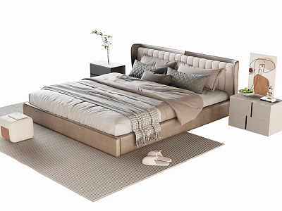 Modern Double Bed with Upholstered Headboard Neutral Bedding Nightstands Green Plant and Soft Rug 3d model