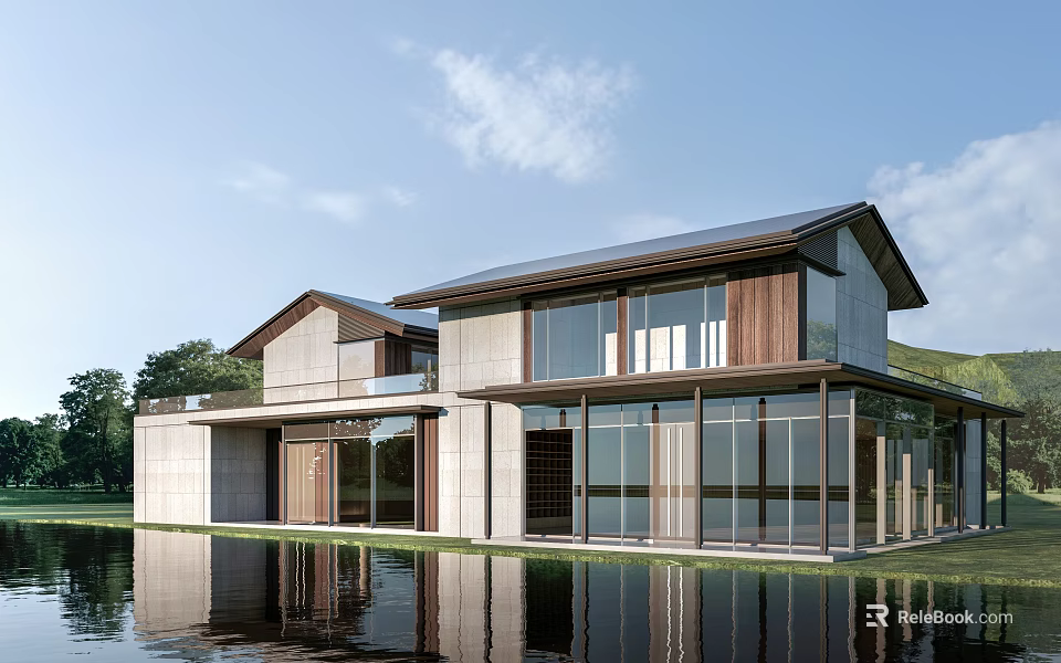 Modern Waterfront Homestay Architecture With Large Glass Windows Sloped Roof And Wood Concrete 3d model 