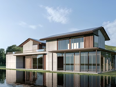 Modern Waterfront Homestay Architecture With Large Glass Windows Sloped Roof And Wood Concrete 3d model