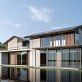 Modern Waterfront Homestay Architecture With Large Glass Windows Sloped Roof And Wood Concrete