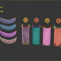 Colorful Fabric Pieces and Gold Badges on Clothing Accessories with Banner Decorations and Various Symbols