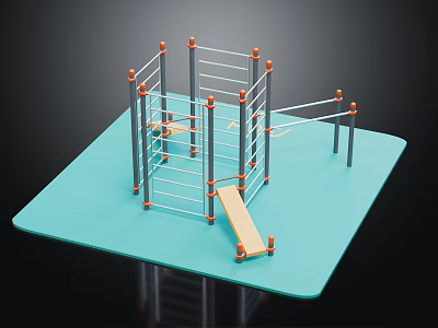 Kids Climbing Sports Equipment With Metal Frame Wooden Plank Blue Platform And Orange Connectors 3d model