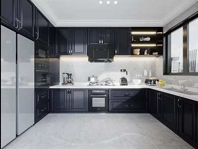 Modern Kitchen Interior With Dark Cabinets White Countertops And Stainless Steel Appliances 3d model