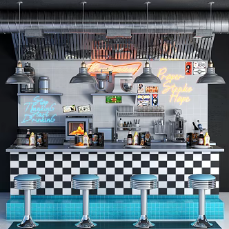 Industrial LOFT Workbench Bar Counter Bar Chair Chandelier Reception Desk Beverage Bar Coffee Machine Cashier Front Desk Operation 3d model