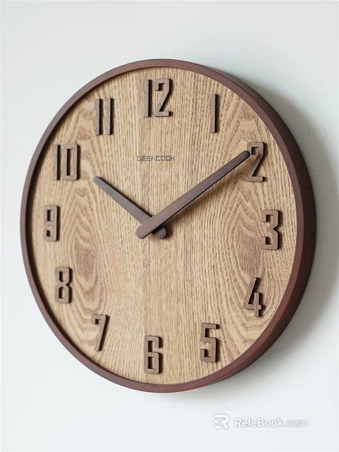 Modern Minimalist Wooden Wall Clock With Wood Grain Dial Raised Numbers And Dark Brown Frame 3d model 