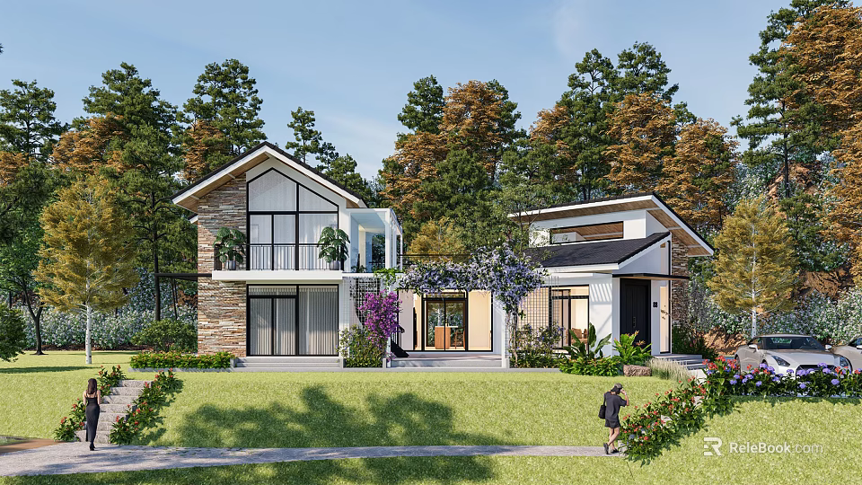 Modern Detached Villa Exterior With Lush Trees Green Lawn And Stone Glass Facade 3d model 