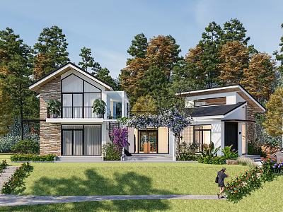 Modern Detached Villa Exterior With Lush Trees Green Lawn And Stone Glass Facade 3d model