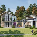 Modern Detached Villa Exterior With Lush Trees Green Lawn And Stone Glass Facade