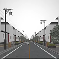 Traditional Commercial Street With White Walls Black Tiles Street Lamps Trees And Car