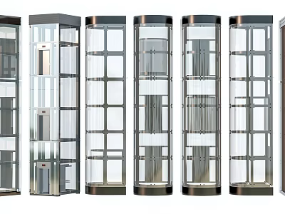Modern Transparent Glass Elevators Multiple Units With Sleek Glass Panel And Frame Design 3d model