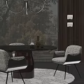 Contemporary Round Dining Table With Textured Chairs Decorative Vases And Wooden Wall Accents