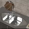 Modern Kitchen Countertop With Stainless Steel Double Sink Faucet And Wooden Cutting Board