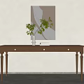 Wooden Desk With Three Drawers Green Plant White Vase Books And Abstract Painting Above