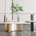 Modern Coffee Table With Marble Top Gold Black Metal Base And Decorative Vase Books Statue