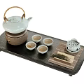 Elegant Traditional Tea Set With White Teapot Four Tea Cups Dark Tray And Strainer