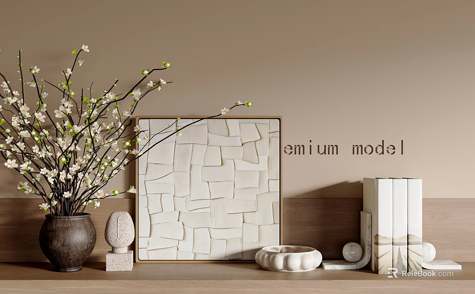 Decorative Ornament Arrangement With Vase Flowering Branches Square Panel And Wooden Shelf 3d model 