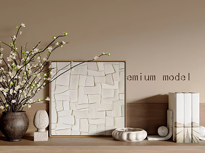 Decorative Ornament Arrangement With Vase Flowering Branches Square Panel And Wooden Shelf 3d model