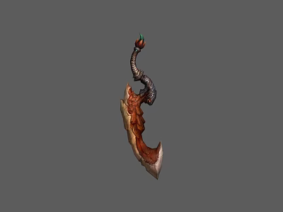Ornate Handcrafted Weapon With Curved Blade Wooden Handle And Green Gemstone Accent 3d model
